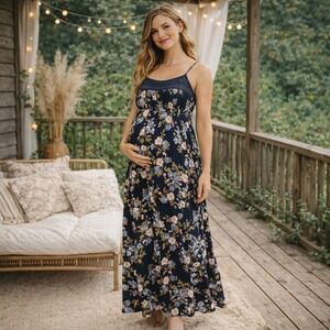 Motherhood Maternity‎ Maxi Dress Medium Boho Floral Crochet Empire Waist Flowy